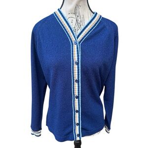 Vintage 1970s Talbott Travler Blue Textured Knit Cardigan Varsity Trim M Dacron